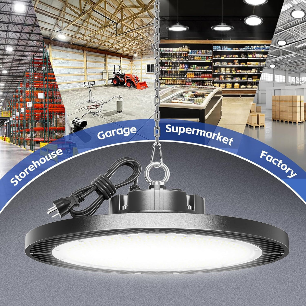 Gugsey LED high bay light 120-degree beam showing wide coverage for workshops and warehouses.