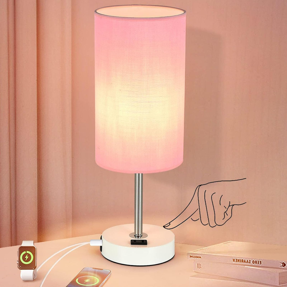Gugsey table lamp with USB port and pink shade for bedside charging.