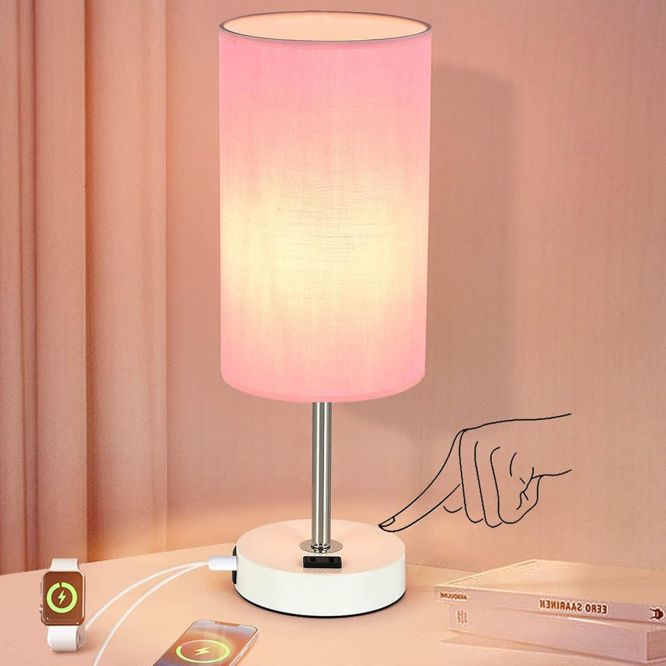 Gugsey table lamp with USB port and pink shade for bedside charging.
