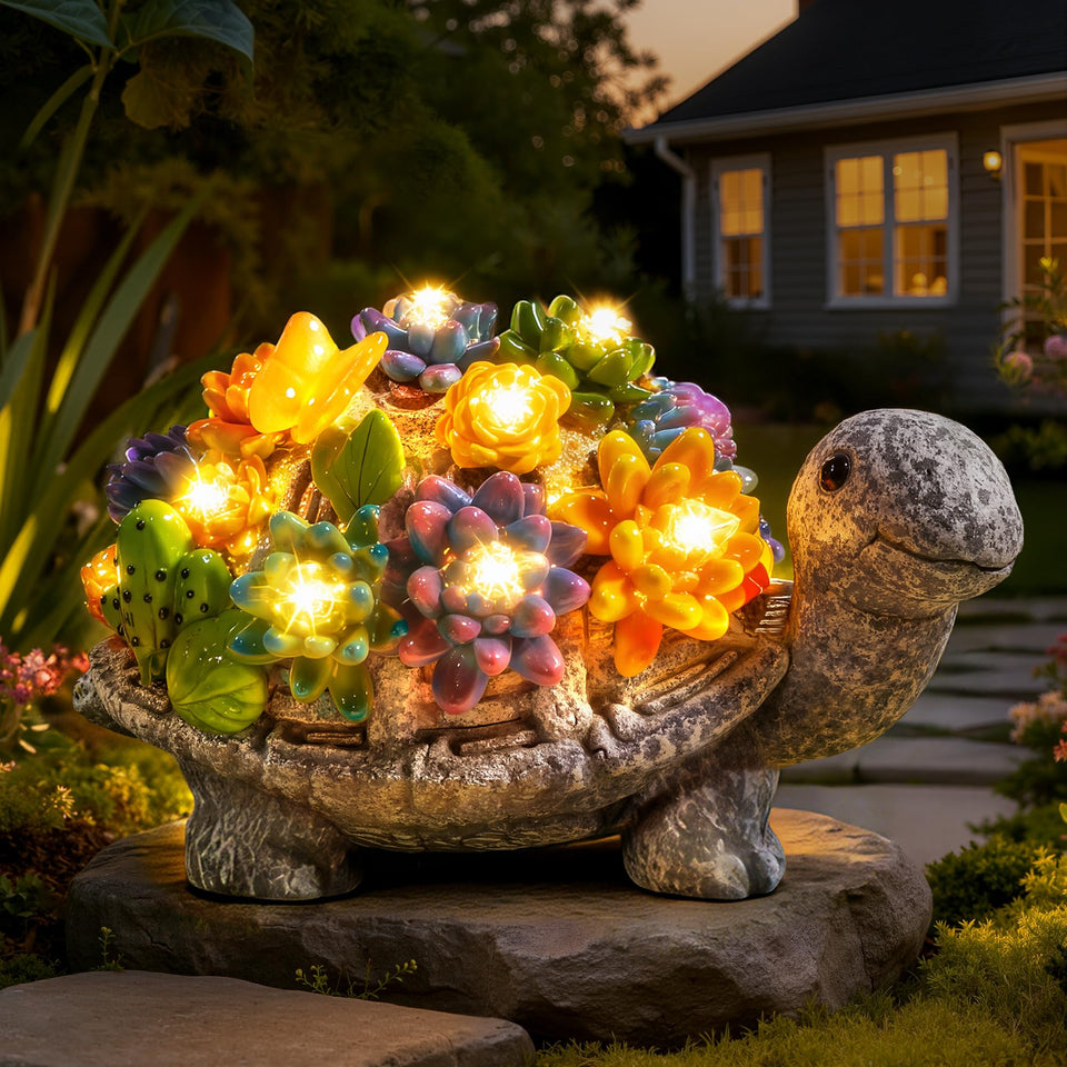 Guhope solar garden statues featuring turtle and succulent details with LED illumination for outdoor nights.