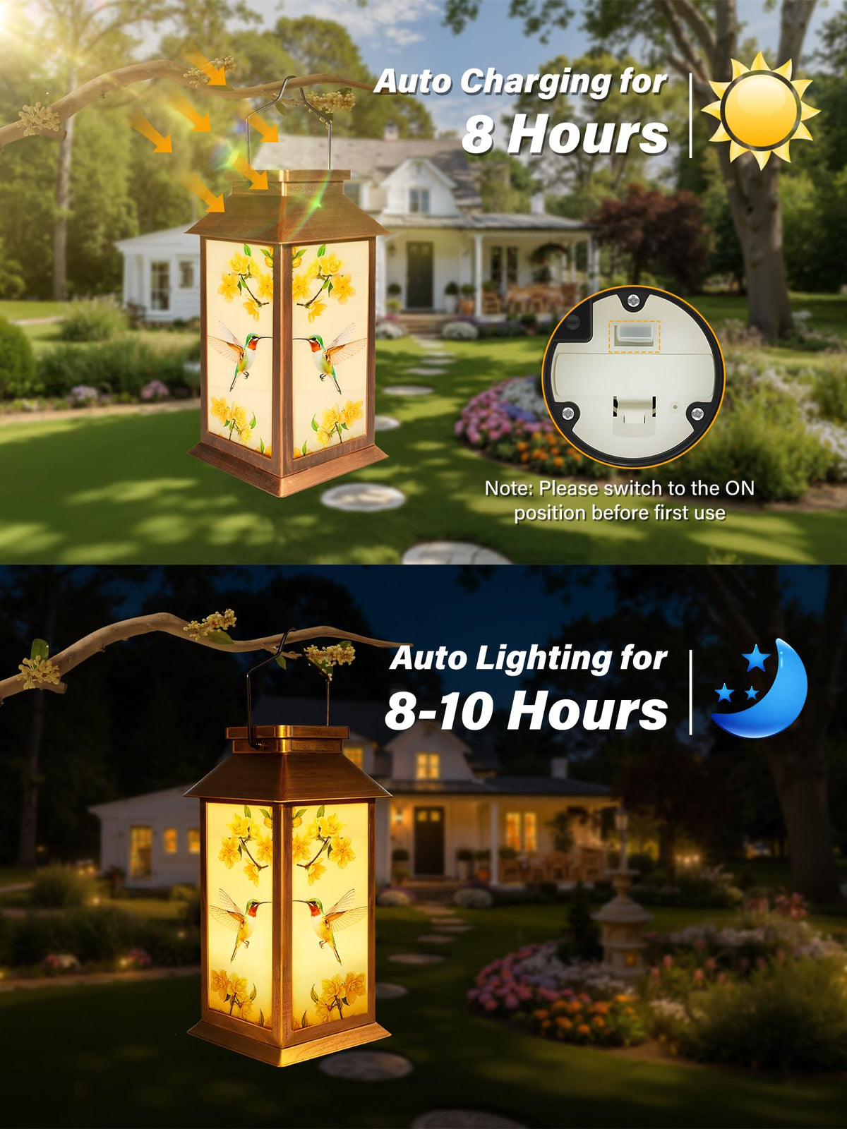Guhope hummingbird glass lantern close-up illuminating nighttime garden paths