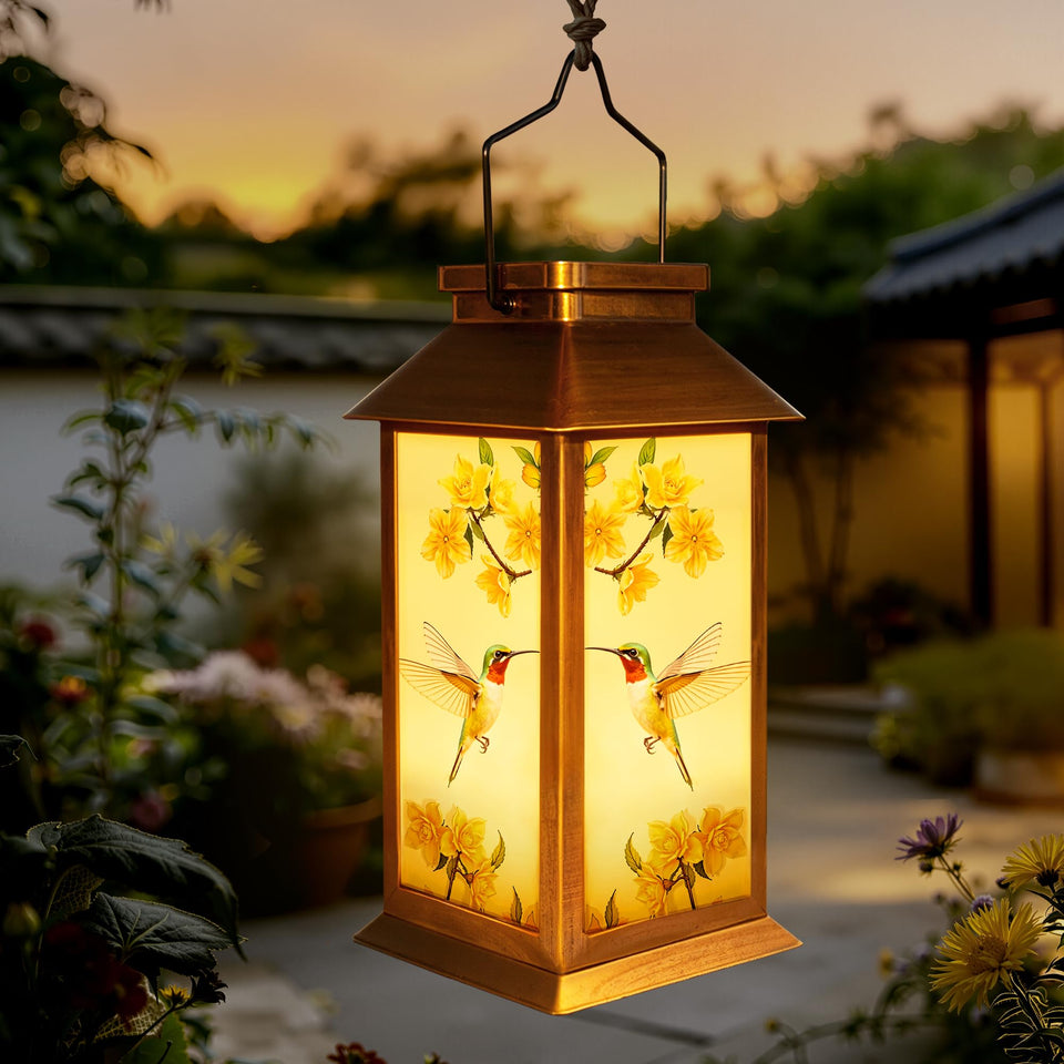 Guhope solar lantern hummingbird hanging glows softly for outdoor evenings