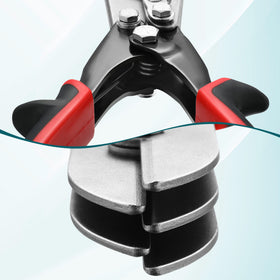 Gulfmew gutter-downspout-crimper with safety-lock for compact storage.