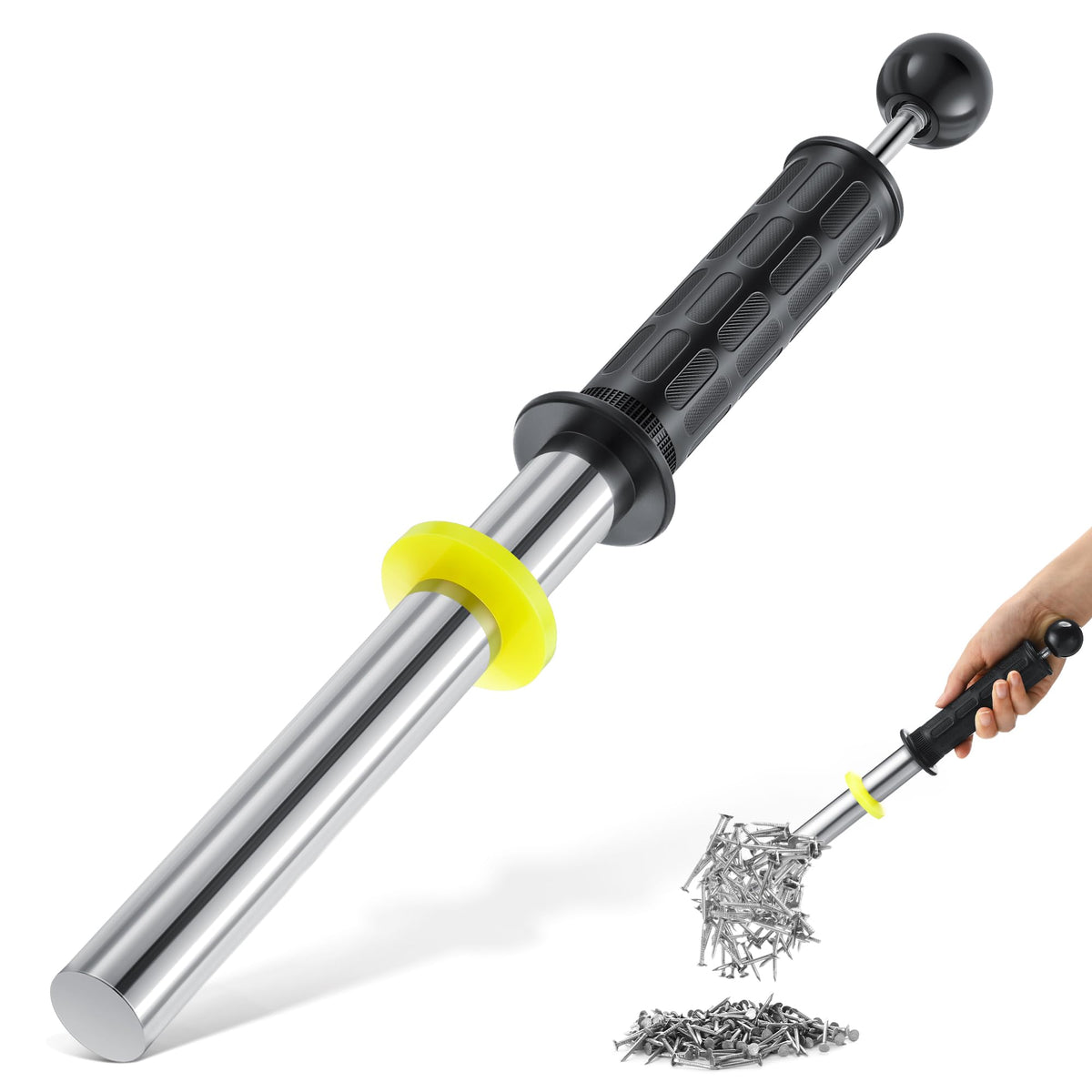 Gulfmew magnetic pickup tool in action grabbing nails quickly from a workshop.