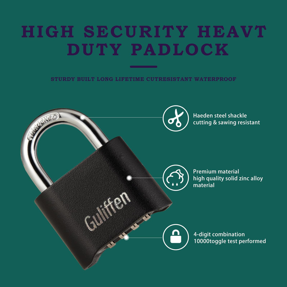 Guliffen 4-digit combination padlock with setting process shown