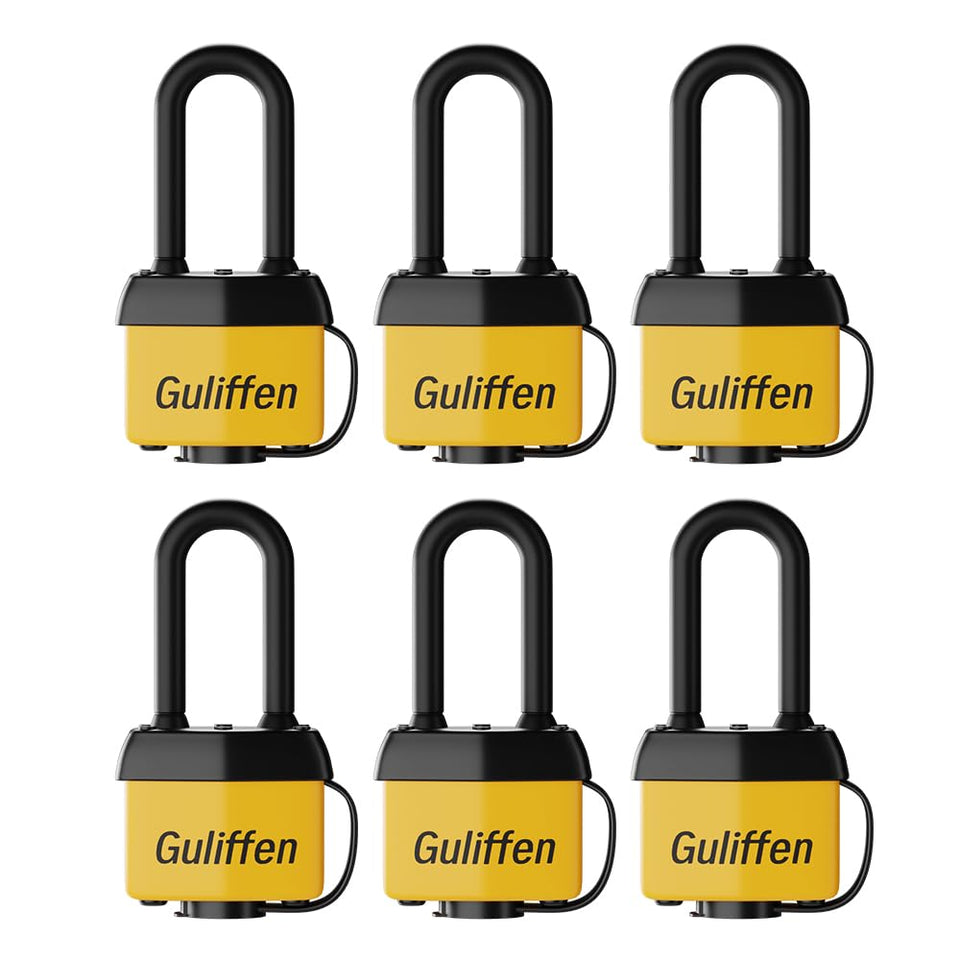Guliffen laminated steel padlock with weatherproof shell for outdoor security.