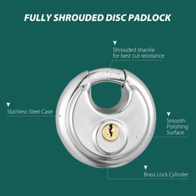 Guliffen stainless steel disc padlock closeup; robust corrosion resistance.