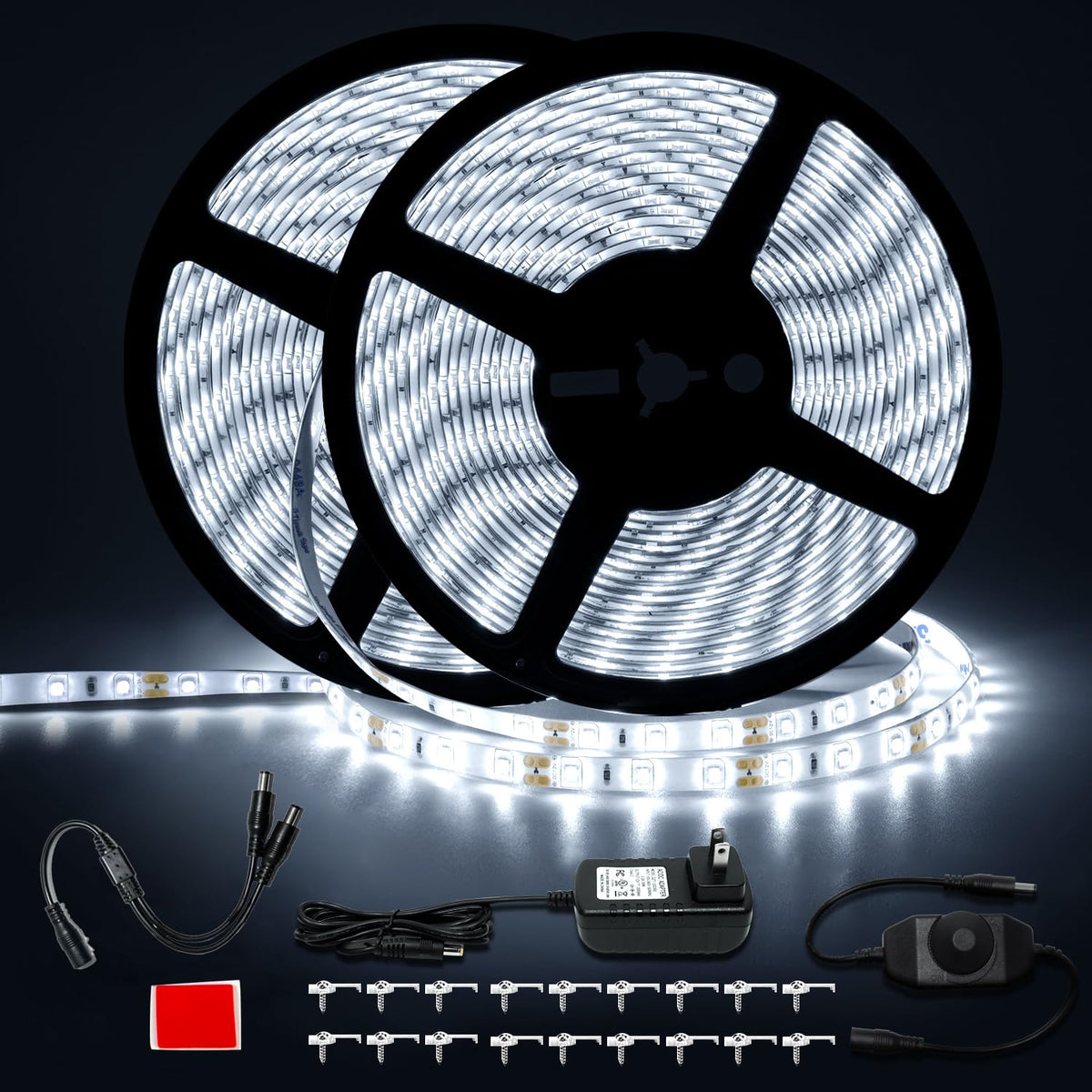 GUOTONG 50ft LED strip full-roll layout showing daylight-white coverage for versatile spaces