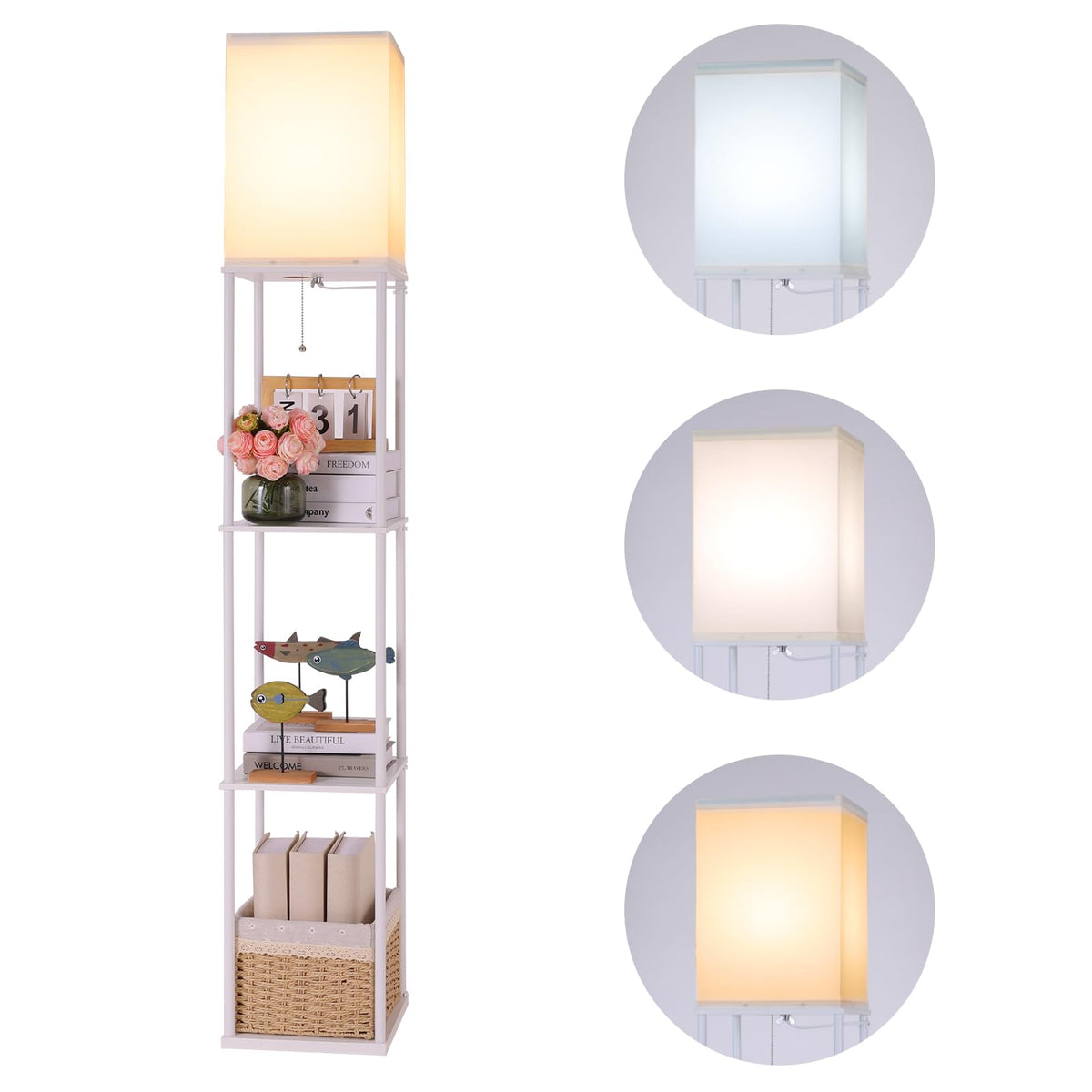 Gupuzm floor lamp with shelves front view showing storage and modern design.