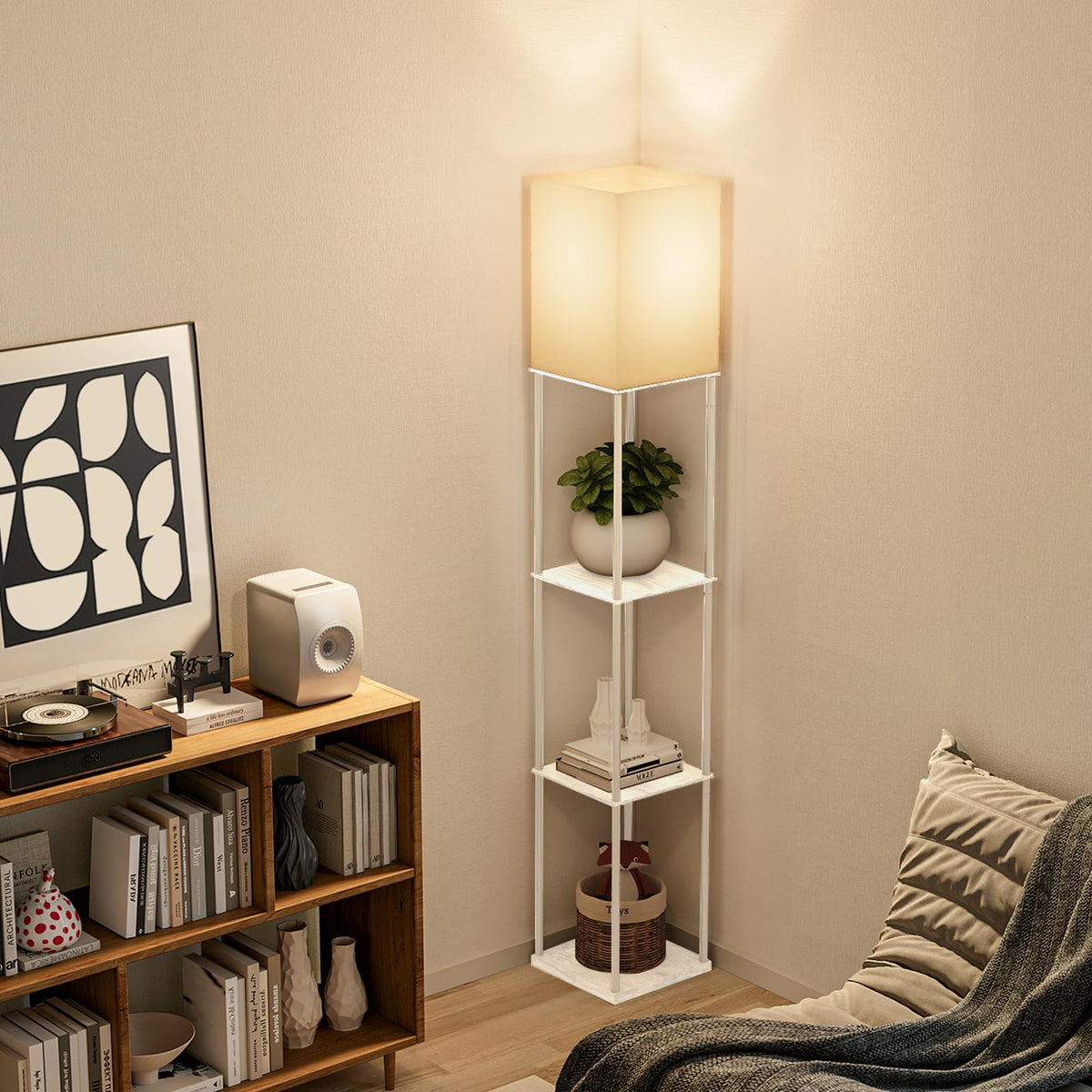 Gupuzm floor lamp in a living room corner enhancing decor and organization.
