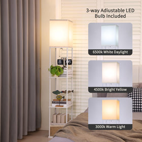 Gupuzm floor lamp with shelves side view highlighting compact corner fit.