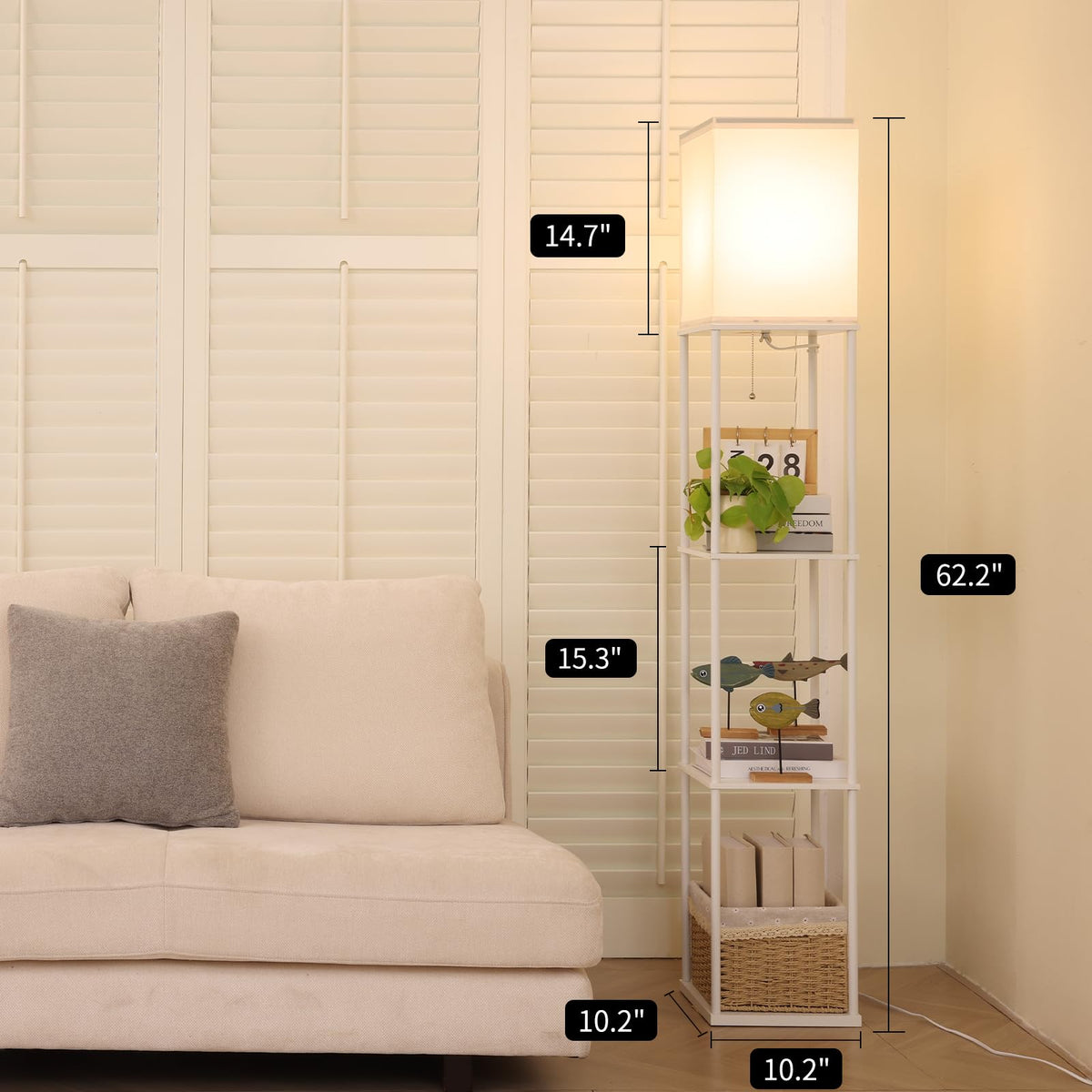 Gupuzm floor lamp shelves with three tiers for books and decor.