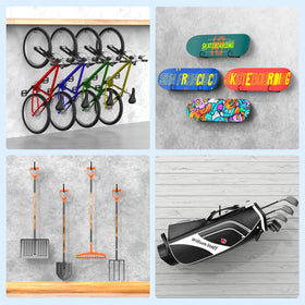 GURADESIGN hooks organize bikes, tools, and belongings in garages.