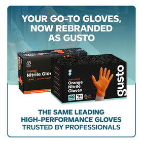 GUSTO Comfy Package 8 mil nitrile gloves show bold thickness for durability