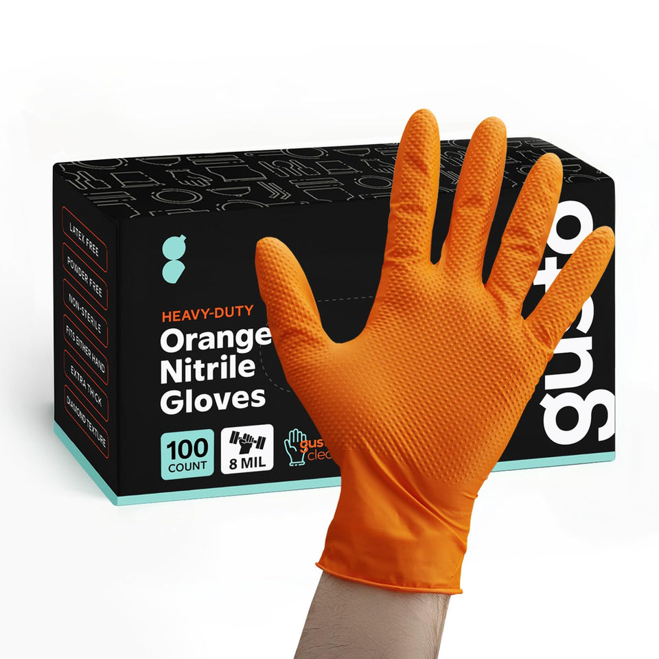 GUSTO orange nitrile gloves with diamond texture for improved grip in wet or dry work.