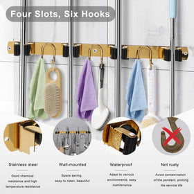 Four-slot six-hook design maximizes storage for brooms and mops.
