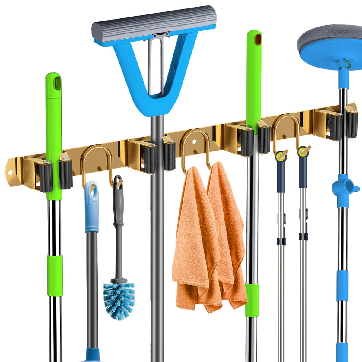 GUUKAR Mop Broom Holder Wall Mount with gold finish keeps tools tidy and accessible.