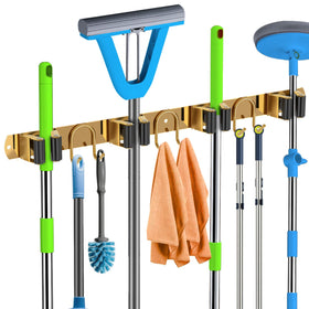 GUUKAR Mop Broom Holder Wall Mount with gold finish keeps tools tidy and accessible.