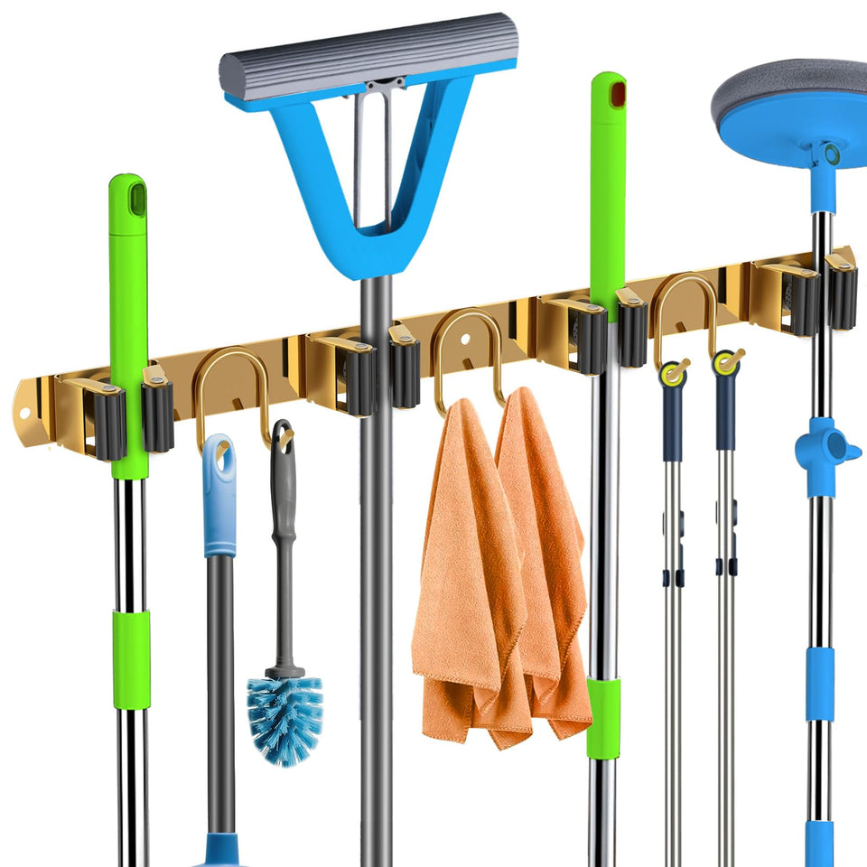 GUUKAR Mop Broom Holder Wall Mount with gold finish keeps tools tidy and accessible.