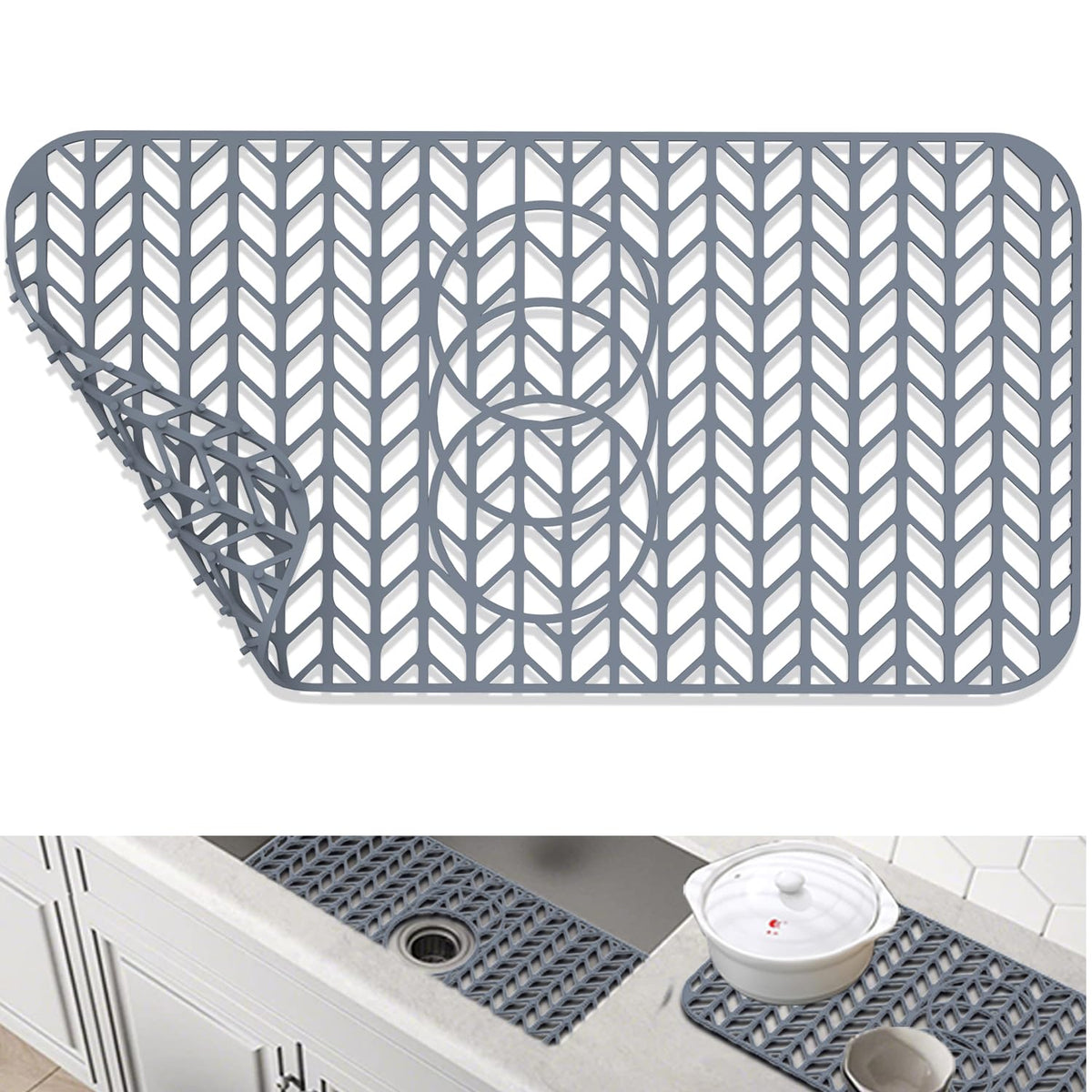 GUUKIN silicone sink protector mat on the sink bottom protects enamel and drains safely.