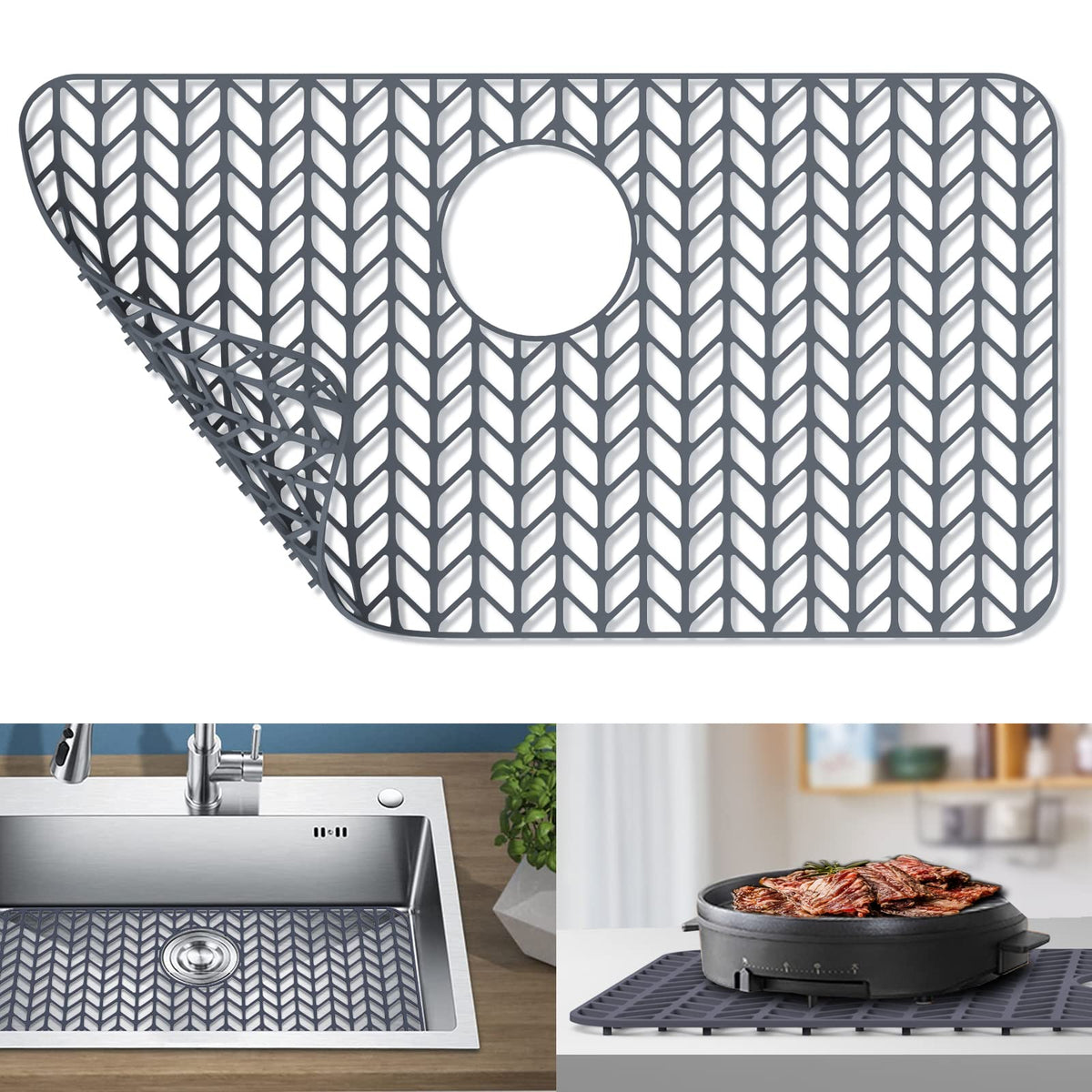 GUUKIN sink grid in grey front view protects the sink while permitting drainage.