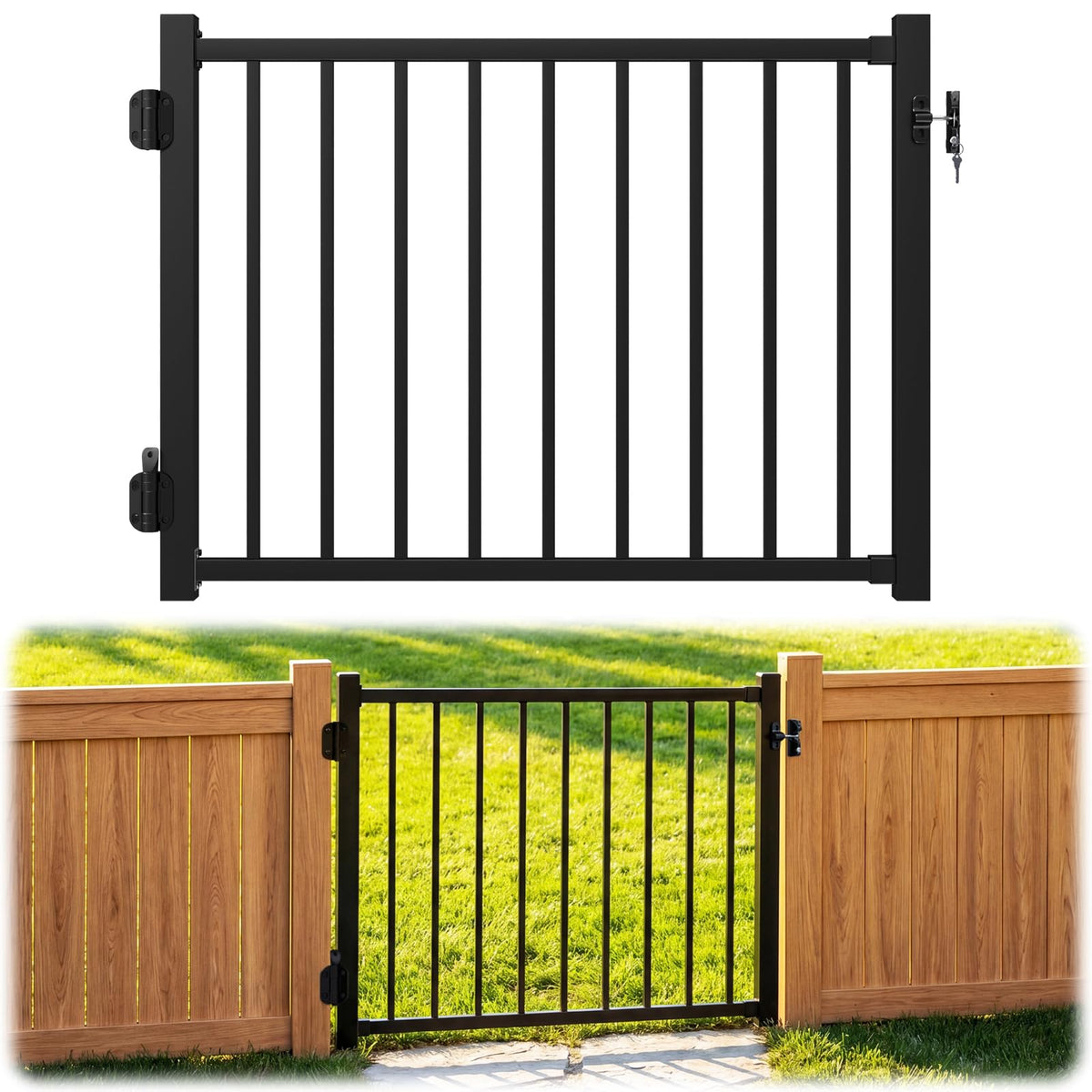 Guwezoy deck gate frame close-up reveals welded aluminum for durable outdoor use.