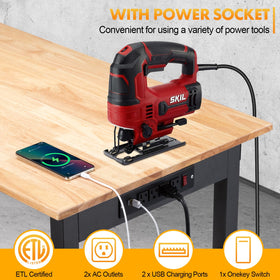 GVGBUK workbench with power strip and USB ports for tools.