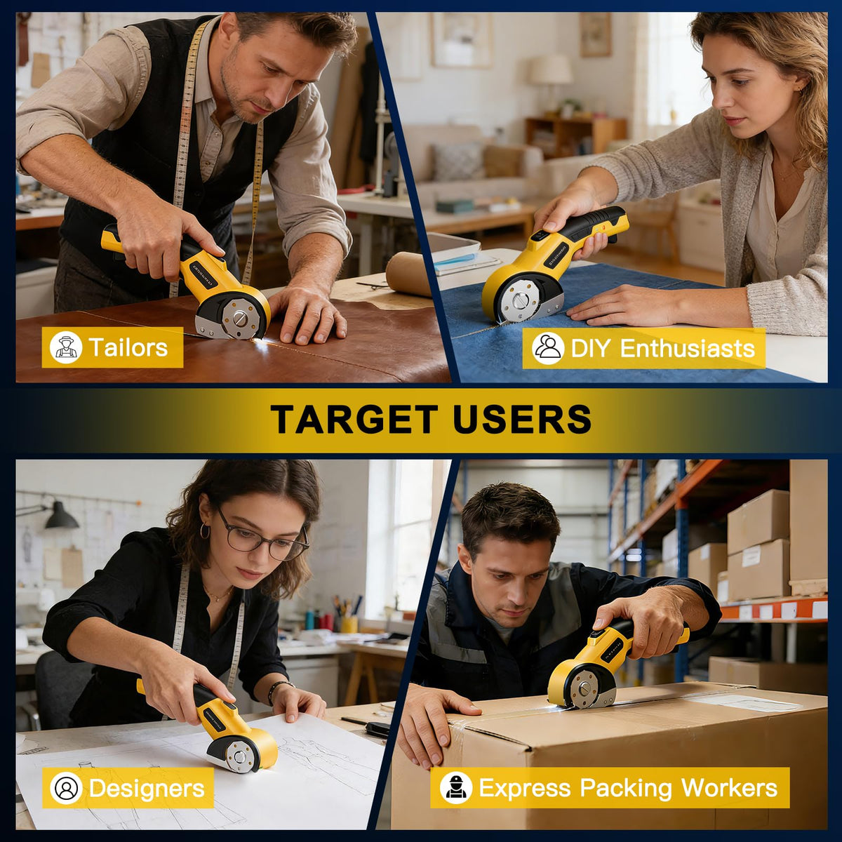 GVOO cardboard cutter highlighting cordless design and 320 RPM cutting speed.