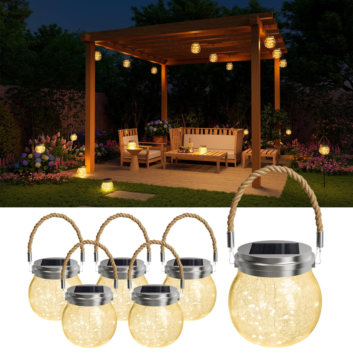 GVSHINE 6-pack solar crackle glass lanterns illuminate outdoor spaces without wiring, perfect for ambient evenings.