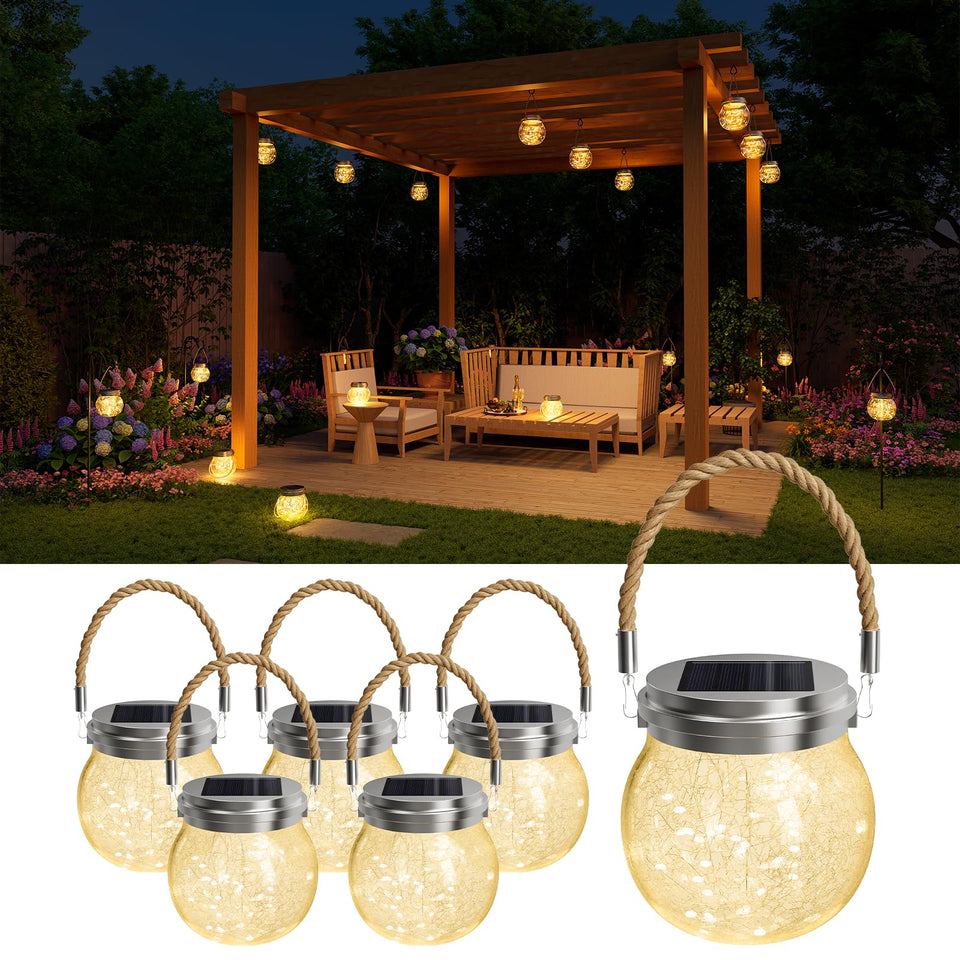 GVSHINE 6-pack solar crackle glass lanterns illuminate outdoor spaces without wiring, perfect for ambient evenings.