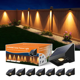 GVSHINE 8-pack solar fence lights emit warm white beam along the fence line for safety.