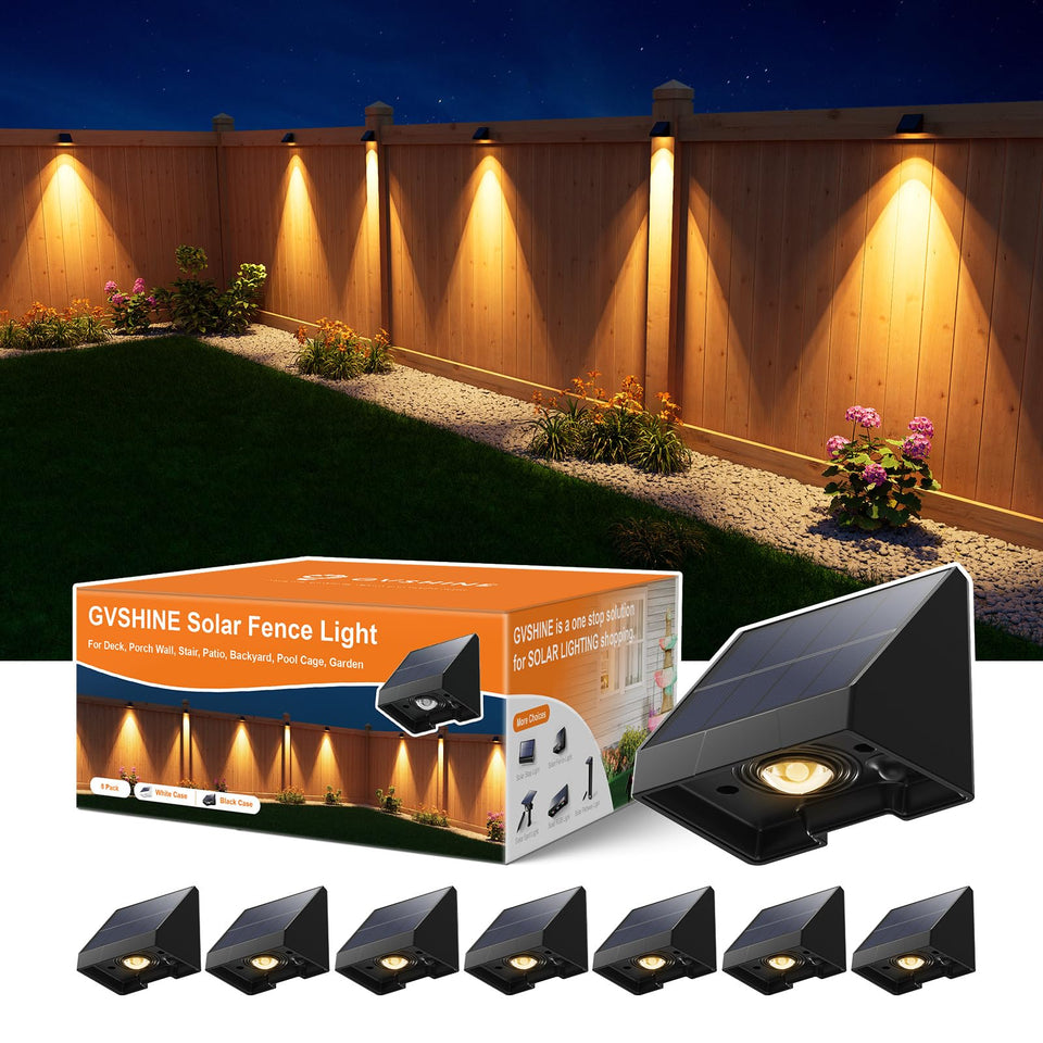 GVSHINE 8-pack solar fence lights emit warm white beam along the fence line for safety.