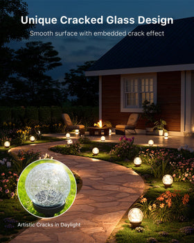 GVSHINE cracked-glass globe lamp along garden path with soft glow.