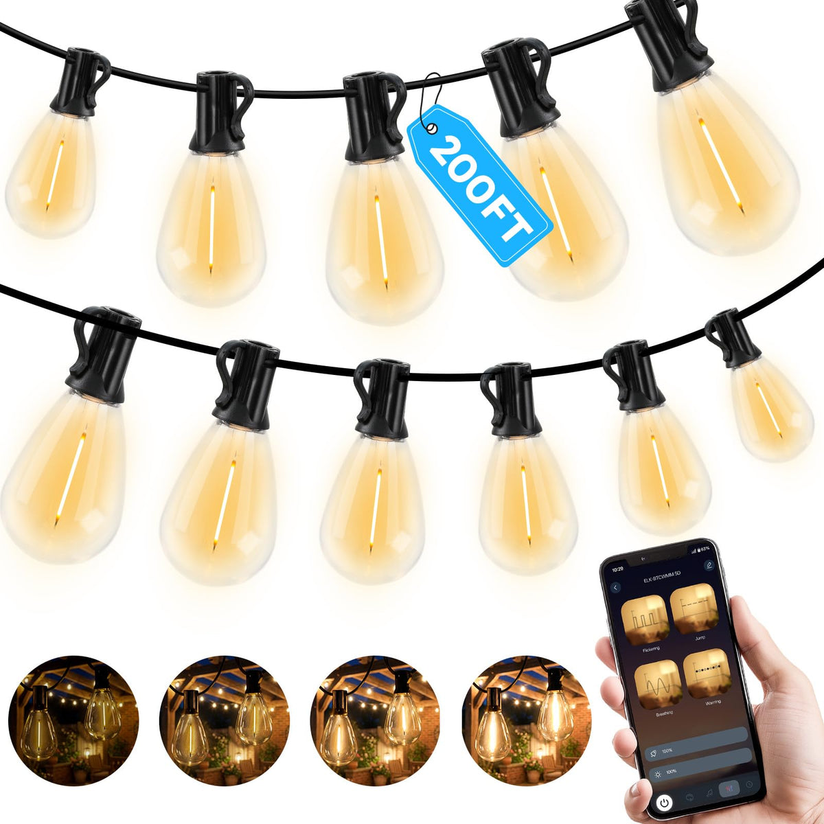 GvvooHome 200ft outdoor string light bulbs illuminate patios with energy-efficient LEDs