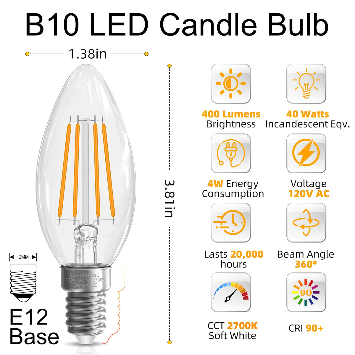 GvvooHome 2700K soft white candle bulb for cozy spaces.