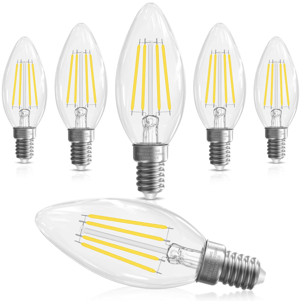 GvvooHome candelabra LED bulbs with clear glass showing the filament for elegant chandeliers