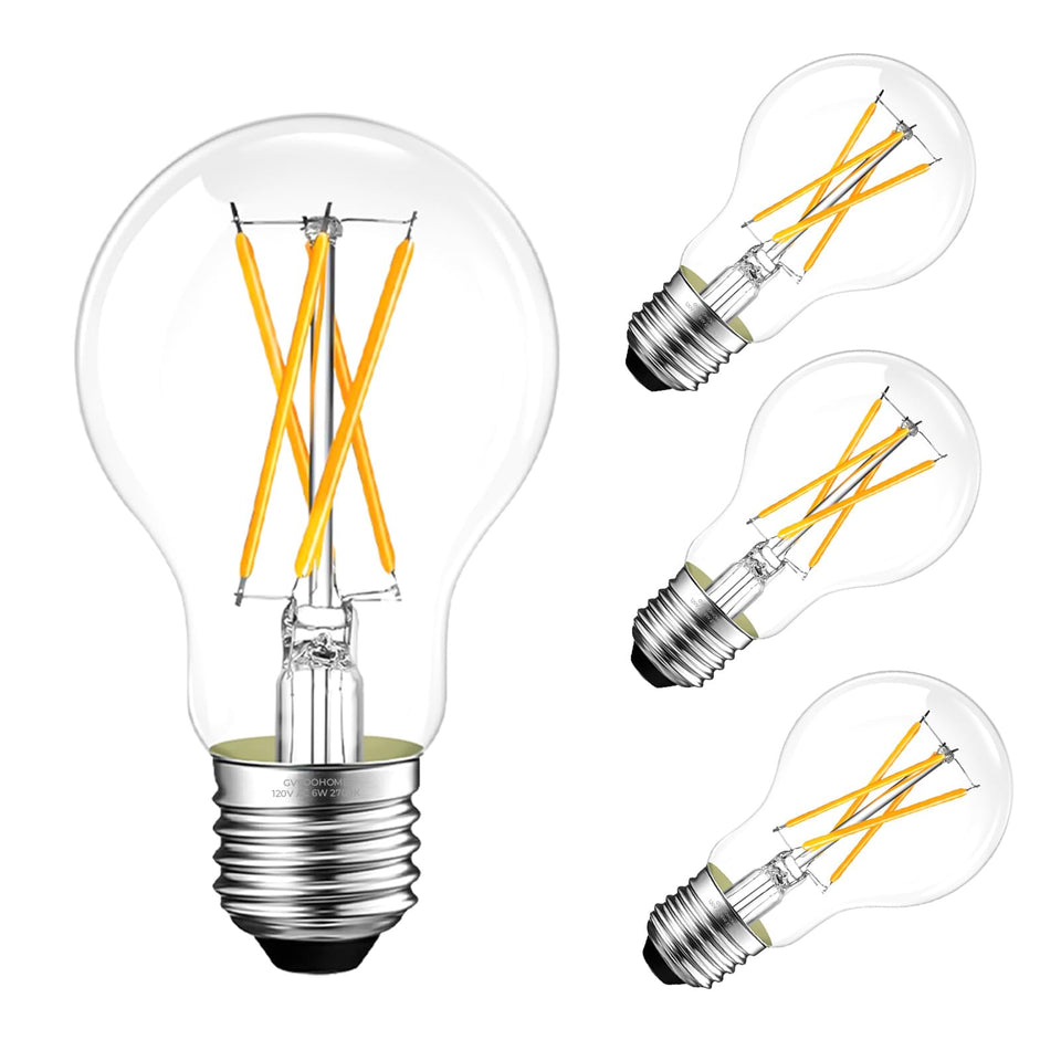 GvvooHome dimmable E26 LED bulb with clear glass for warm, energy-efficient lighting.