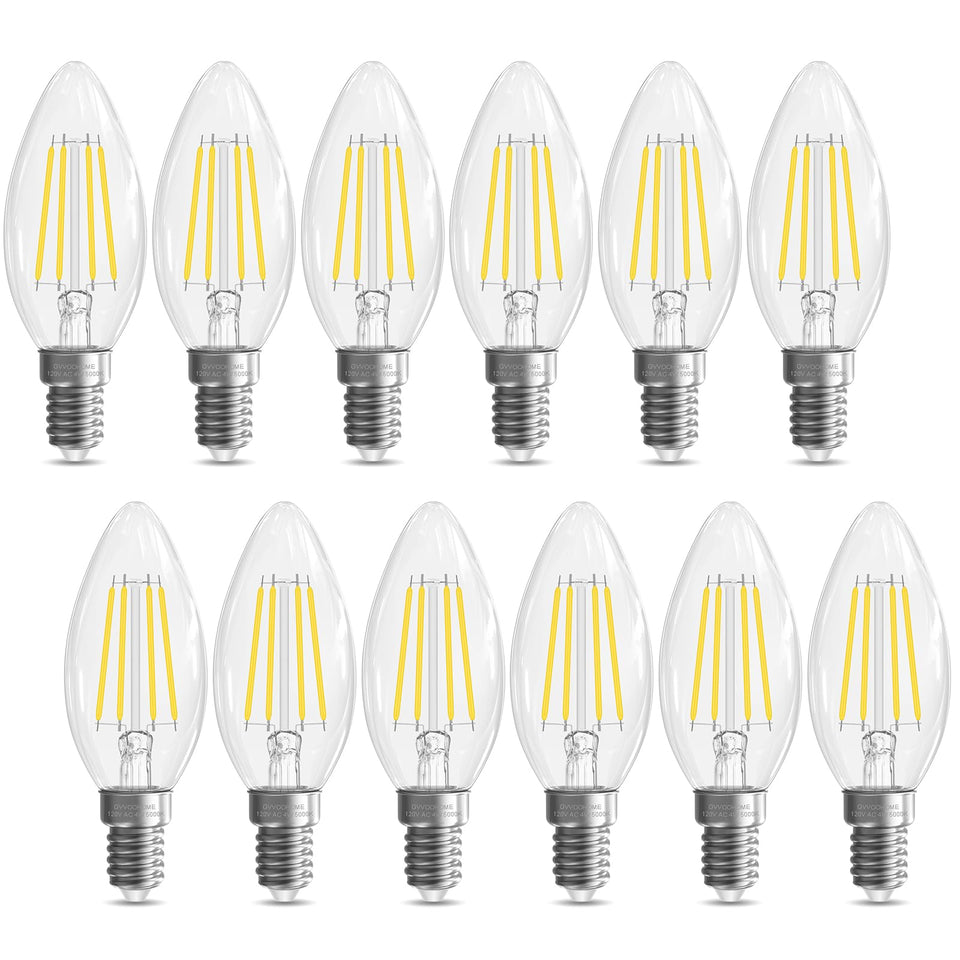 GvvooHome E12 candelabra bulb with clear glass filament, ideal for decorative chandeliers.