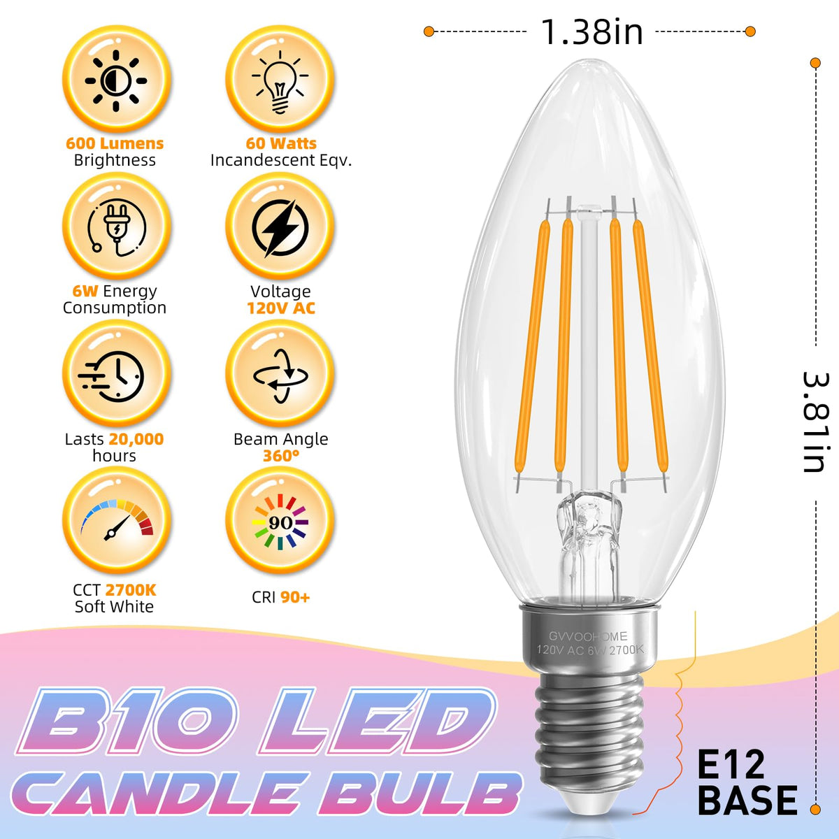 GvvooHome E12 LED B10 candle with 600 lumens for evening lighting.