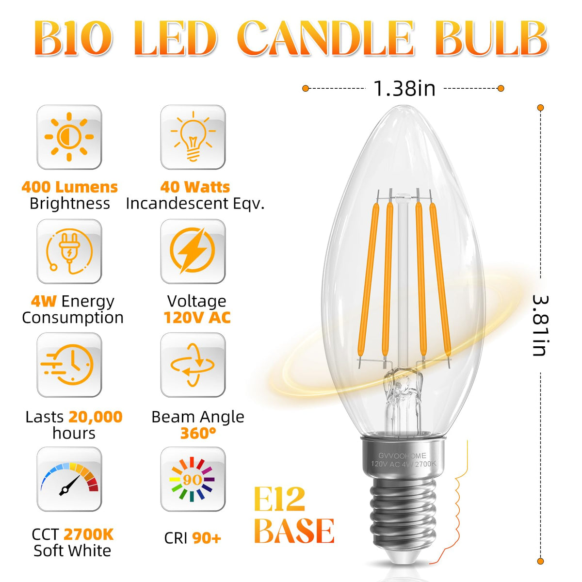 GvvooHome E12 LED bulb non-dimmable for steady chandelier illumination