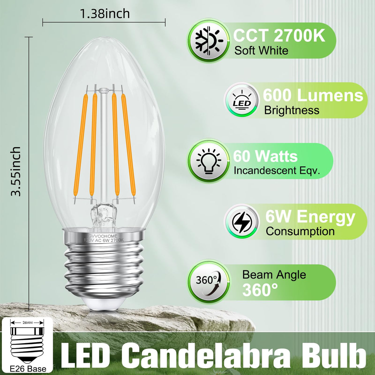GvvooHome E26 LED bulb emits warm 2700K glow for cozy spaces.