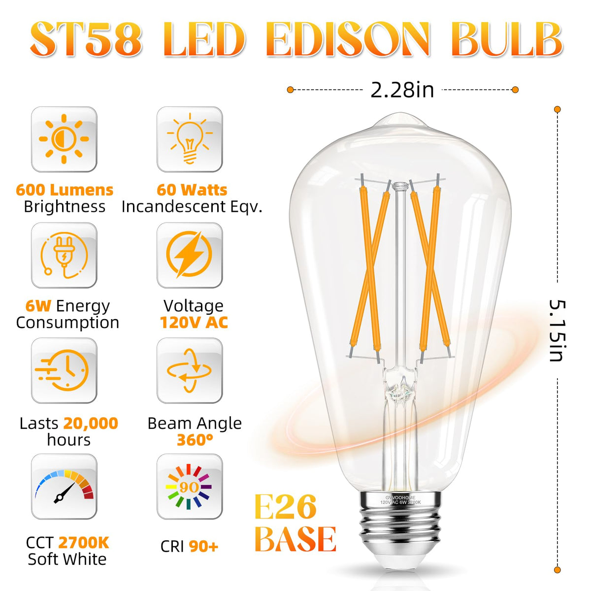 GvvooHome Edison bulb 2700K soft white ideal for warm living spaces.