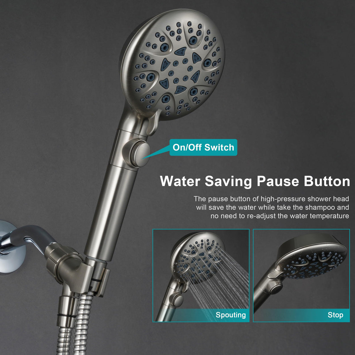GwernKB shower head with on-off switch enables instant water control.