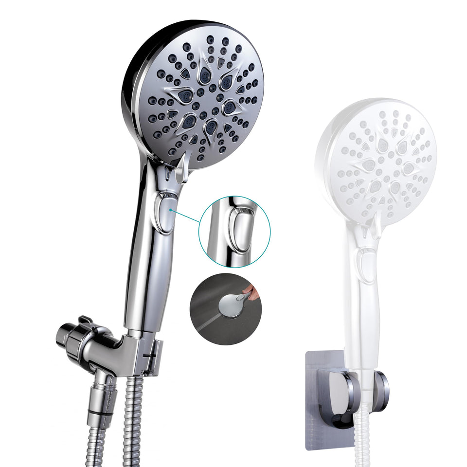 GwernKB handheld shower head showing 7 spray modes for customization.
