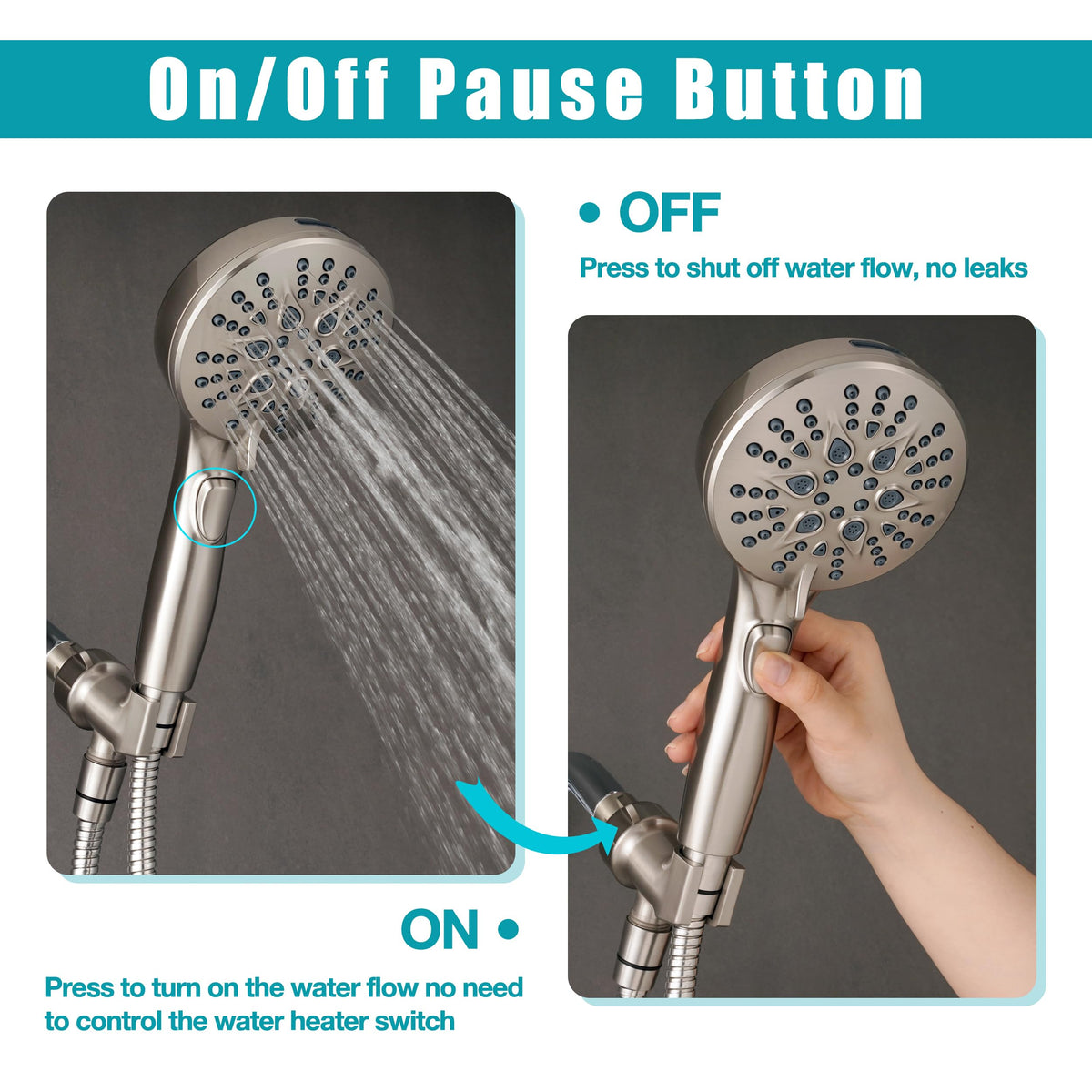GwernKB shower head showing stop button for instant water shut-off.