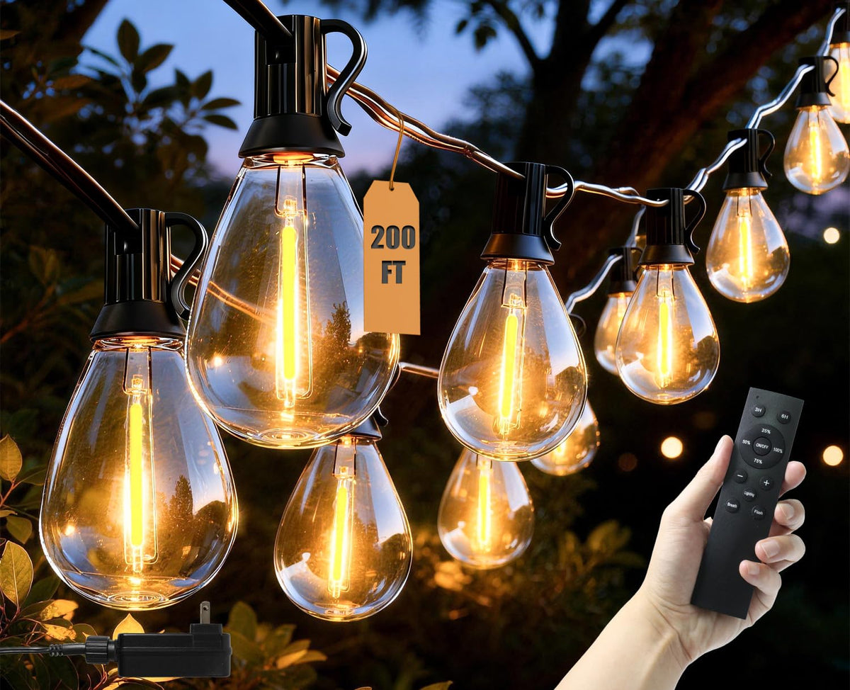 Gyecahz 200ft outdoor string lights offer warm glow for a spacious patio