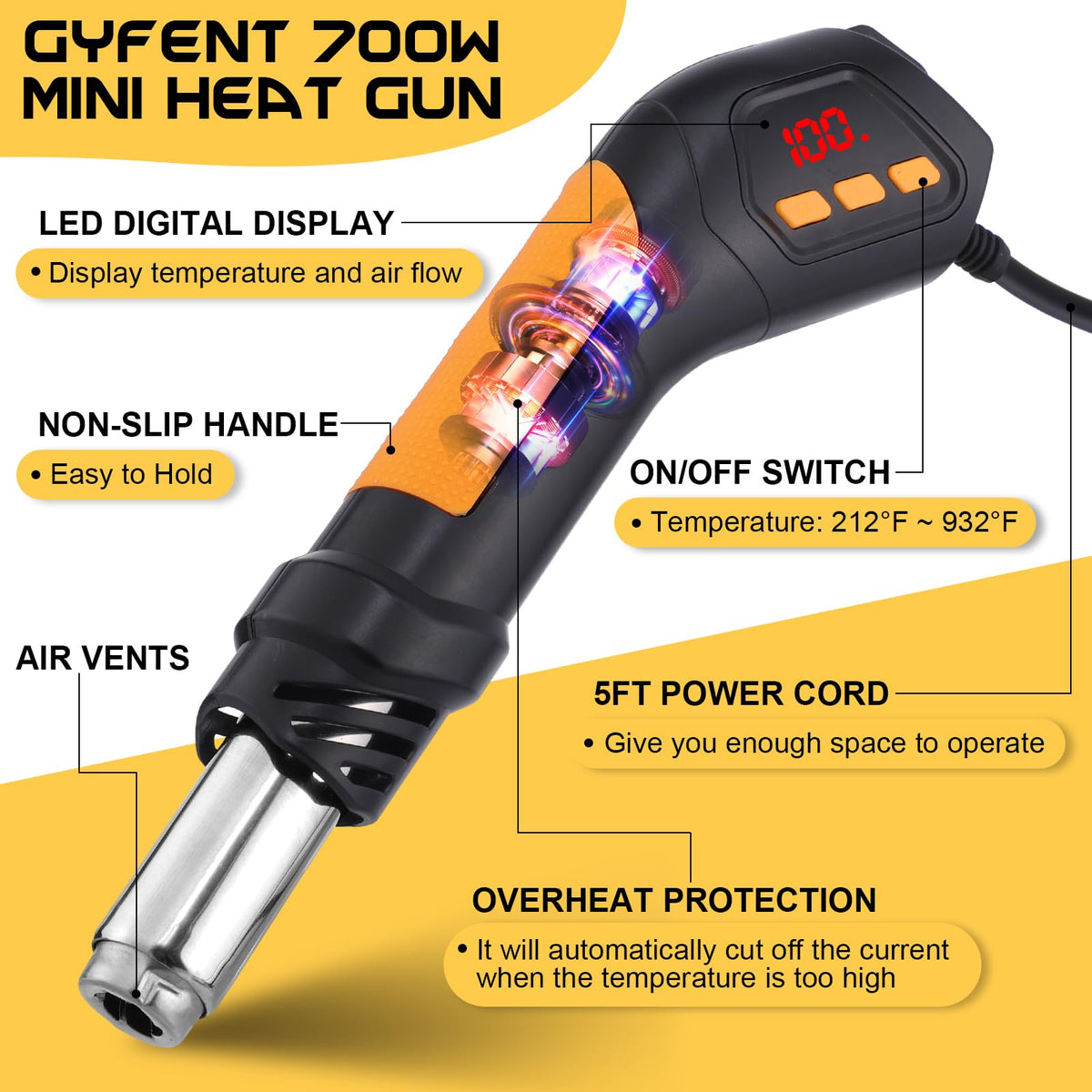 Gyfent heat gun includes solder sucker and ESD safe tweezers for precise repairs.