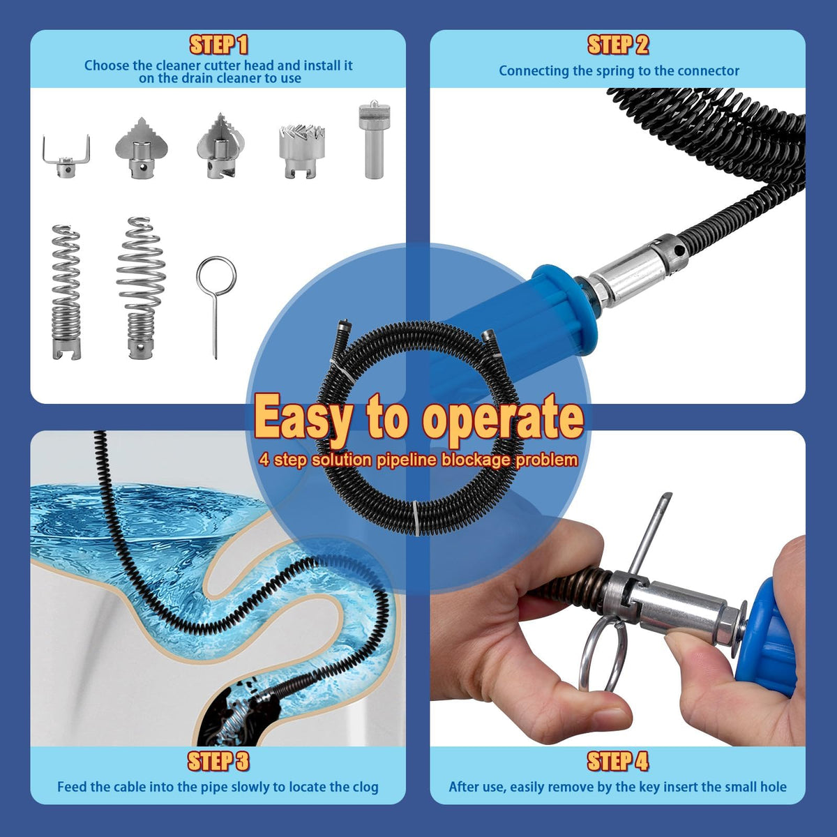 GYHMTOO drain snake flexible 90-degree bend reaches tight pipe corners.