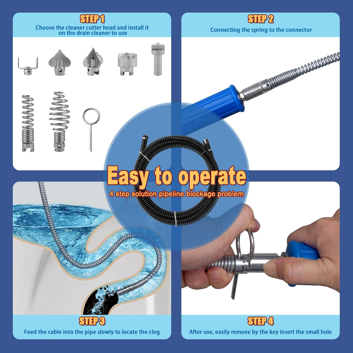 GYHMTOO drain snake with six blade heads for versatile clearing.