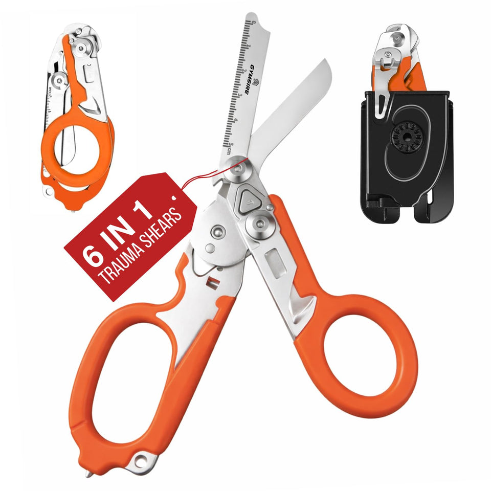 Gymsire heavy-duty 6-in-1 trauma shears foldable in orange for portable emergency response.